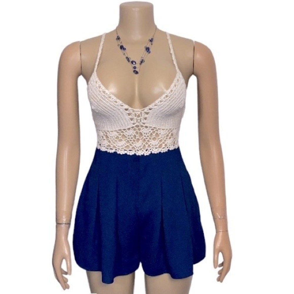 A’GACI Romper Crochet Cami Blue Cream Tie Back Crisscross Strap Boho size S
